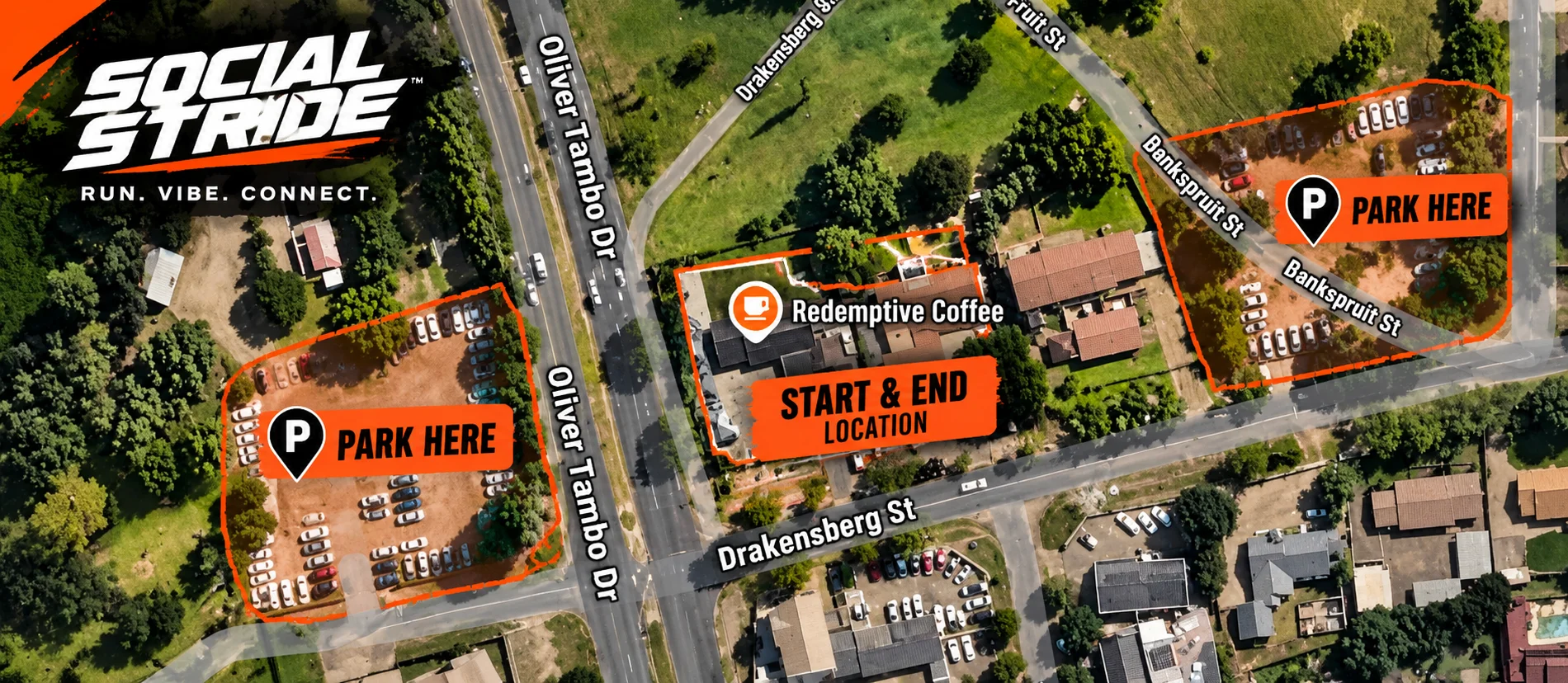 Parking map: park in the two areas marked PARK HERE, across Oliver Tambo Drive and along Bankspruit Street. Start and end at Redemptive Coffee.